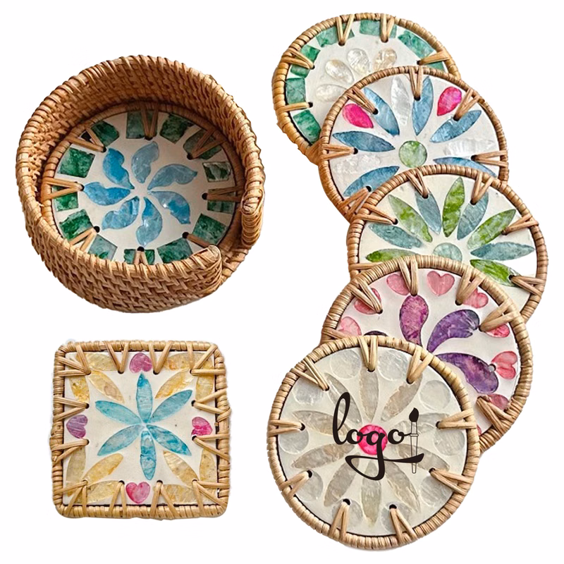 Handcrafted Seashell Mosaic Rattan Coaster MOQ25