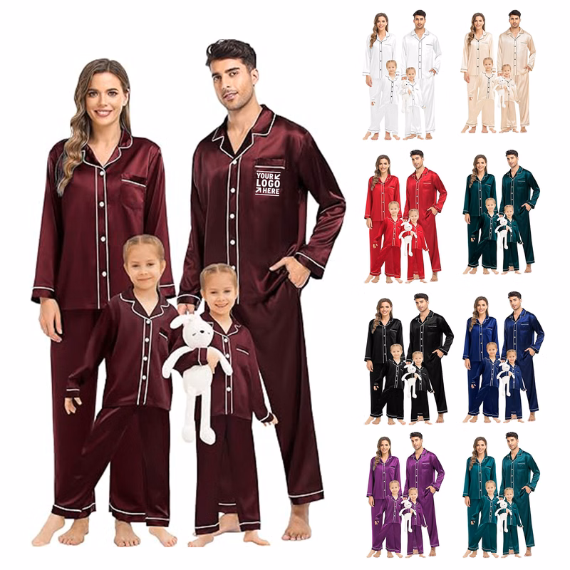 2 Pcs Set Family Matching Silk Satin Pajamas Button Down Sleepwear Long Sleeve Silky Nightwear  