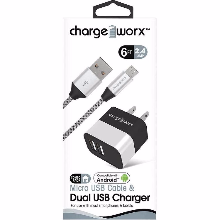 Micro USB & Dual USB Wall Chargers - Silver 6' Cord 2.4 AMP