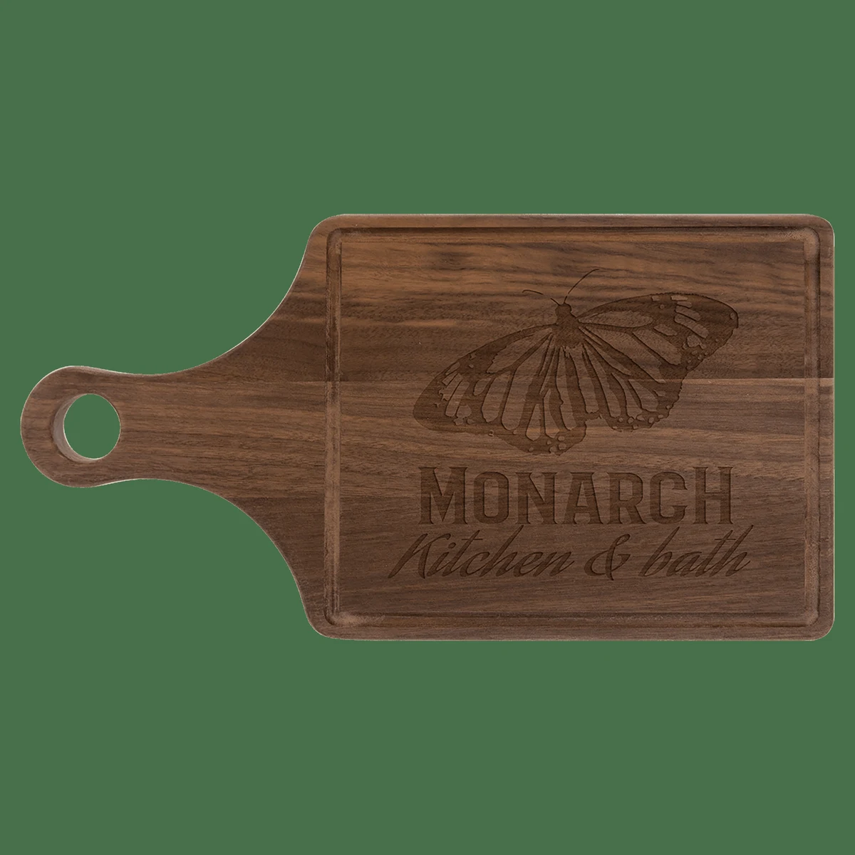 13 1/2" x 7" Multi Brown Walnut Cutting Board Paddle Shape with Drip Ring 1