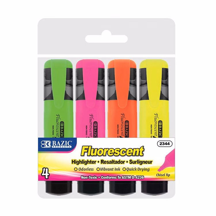 Fluorescent Highlighters - Assorted Colors 4 Pack