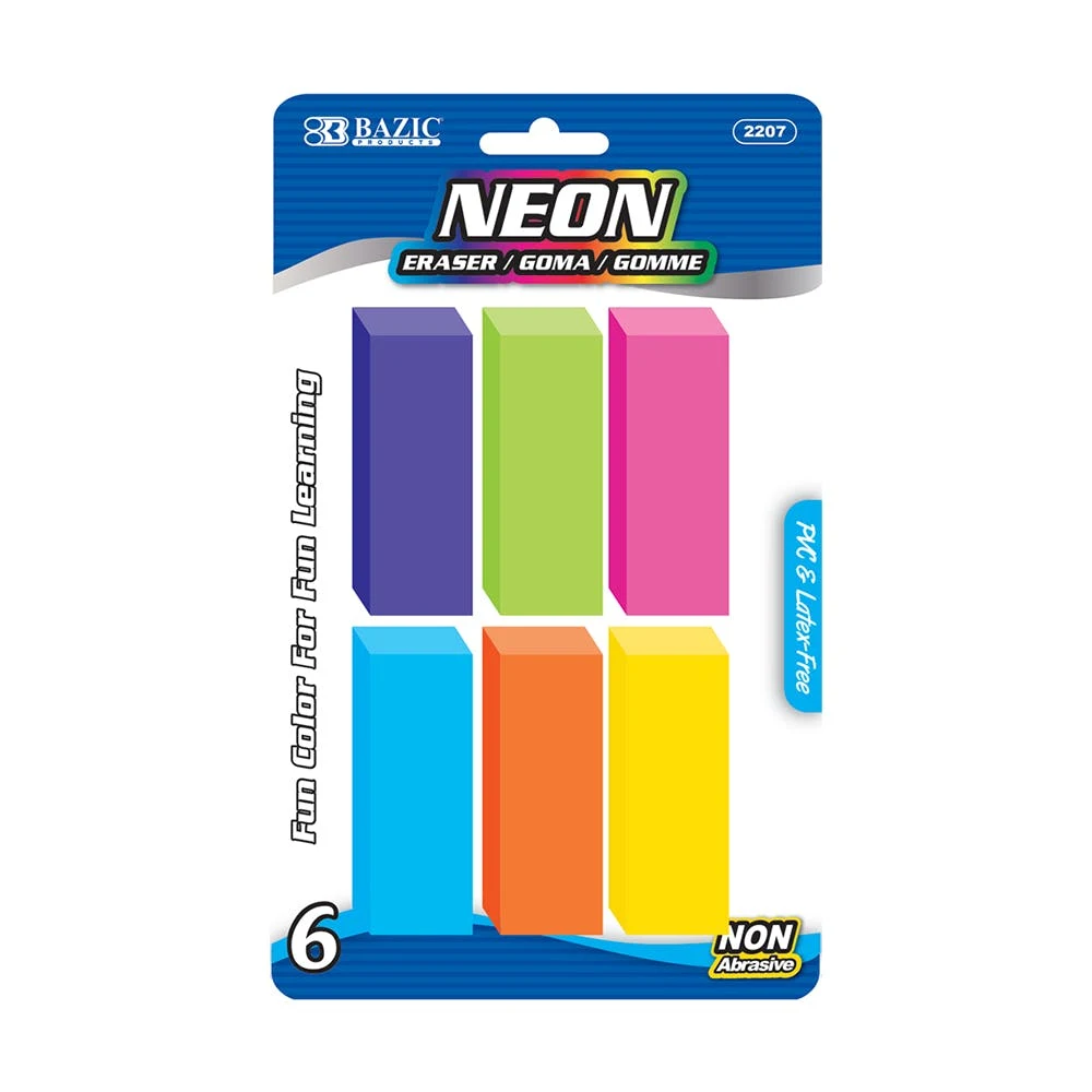 Neon Pencil Erasers - 6 Count Assorted Colors 1