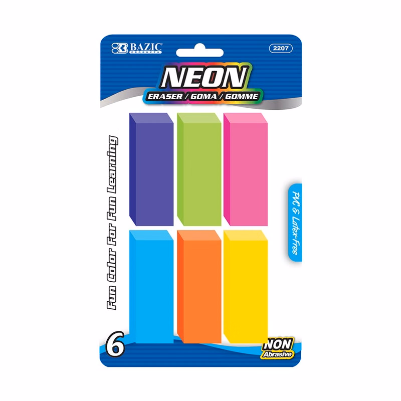 Neon Pencil Erasers - 6 Count Assorted Colors
