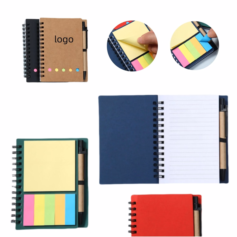 Pocket Colored Sticky Note Brown Paper Spiral Notebook