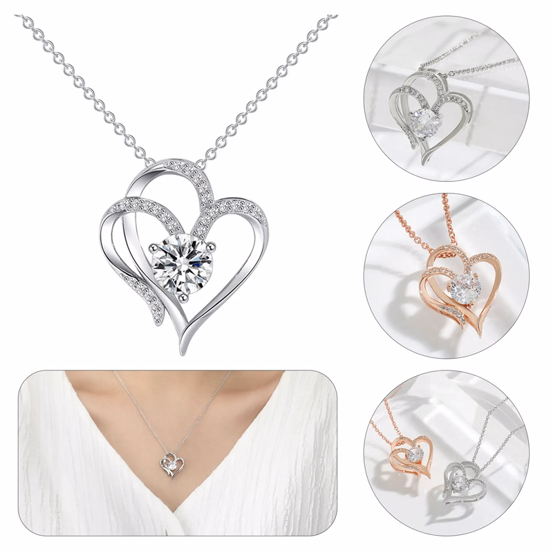 White Gold Double Heart Pendant Necklace