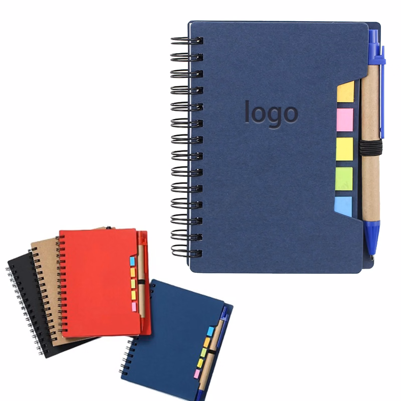 Brown paper notebook with pen and post-it notes