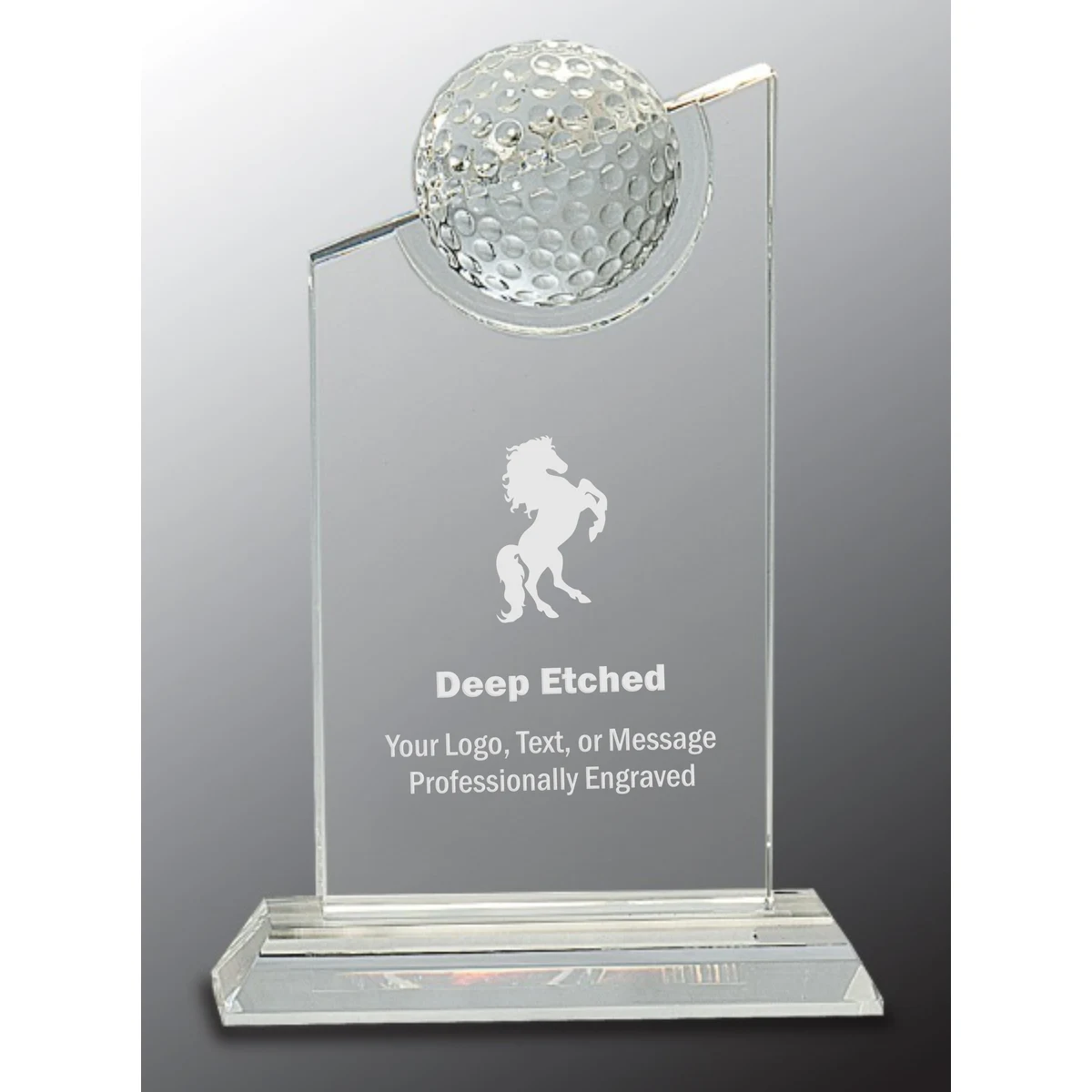 8" Clear Crystal Award with Inset Crystal Golf Ball on Clear Base 1