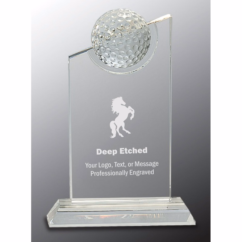 8" Clear Crystal Award with Inset Crystal Golf Ball on Clear Base