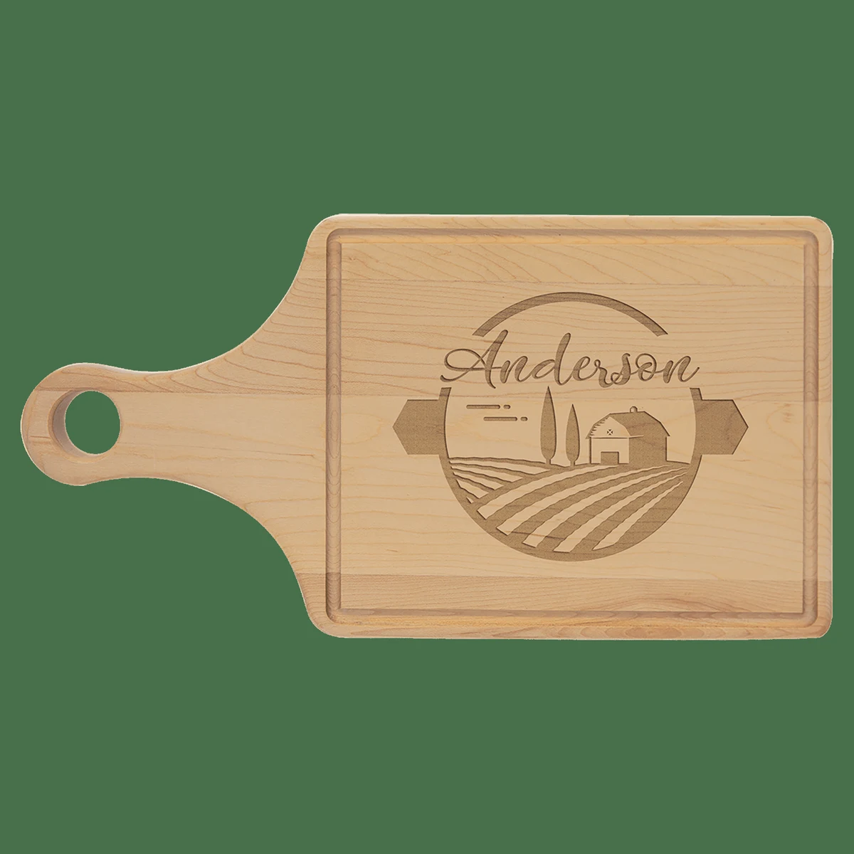 13 1/2" x 7" Multi Brown Maple Cutting Board Paddle Shape with Drip Ring 1