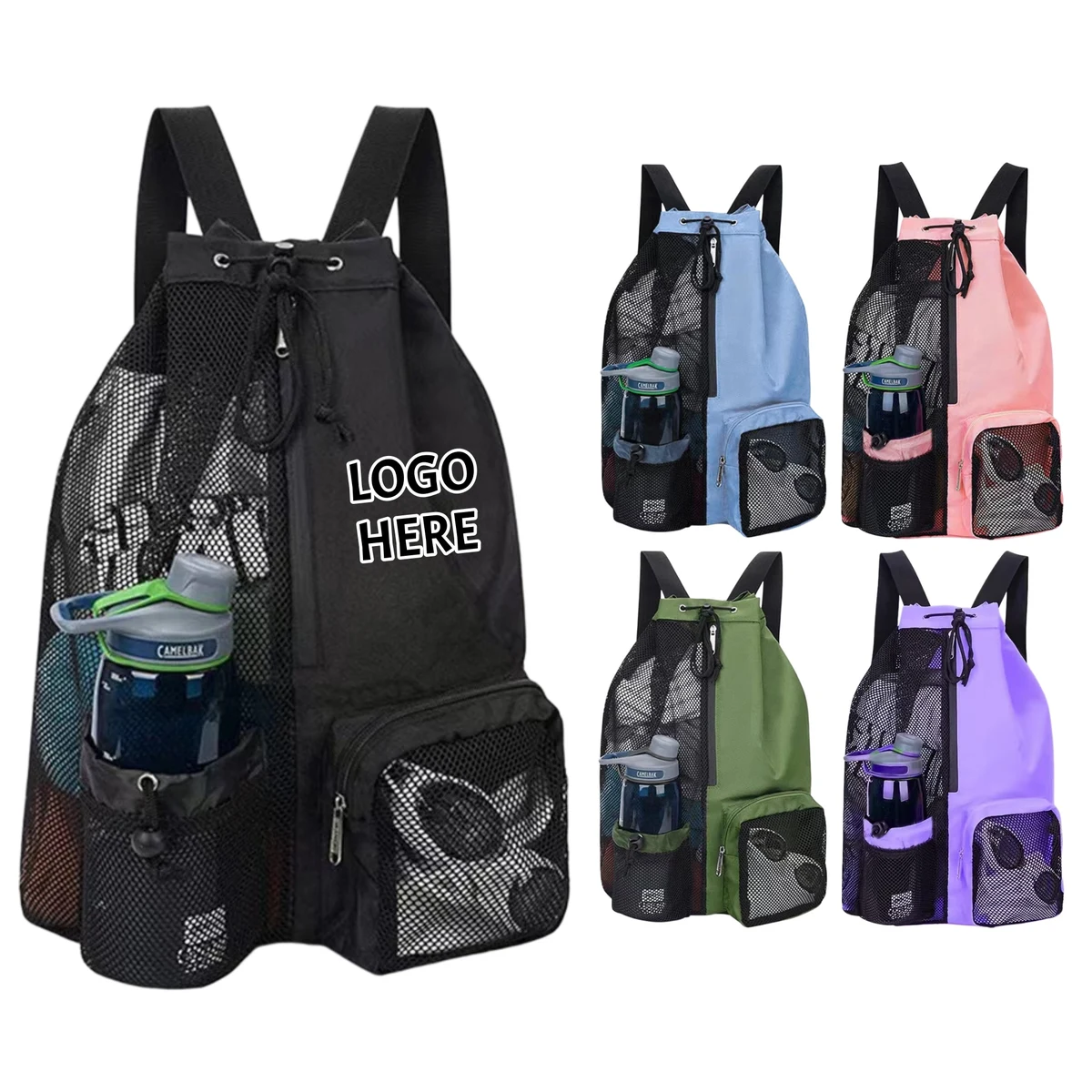 Large Capacity Mesh Drawstring Beach Backpack 1