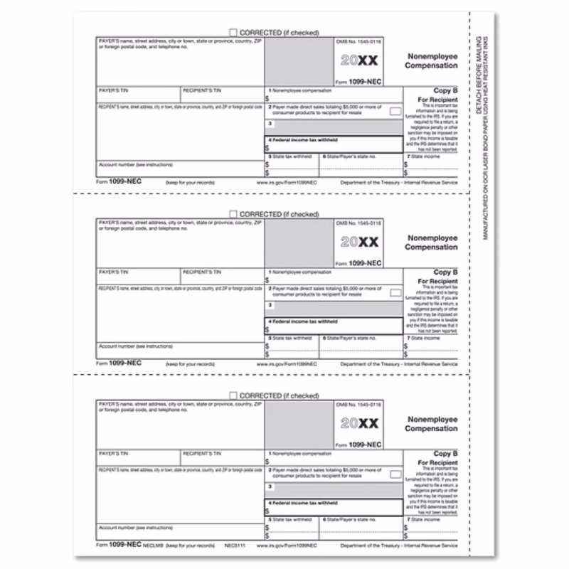 1099 NEC Recipient Copy B Cut Sheets- 50 sheets/Pk