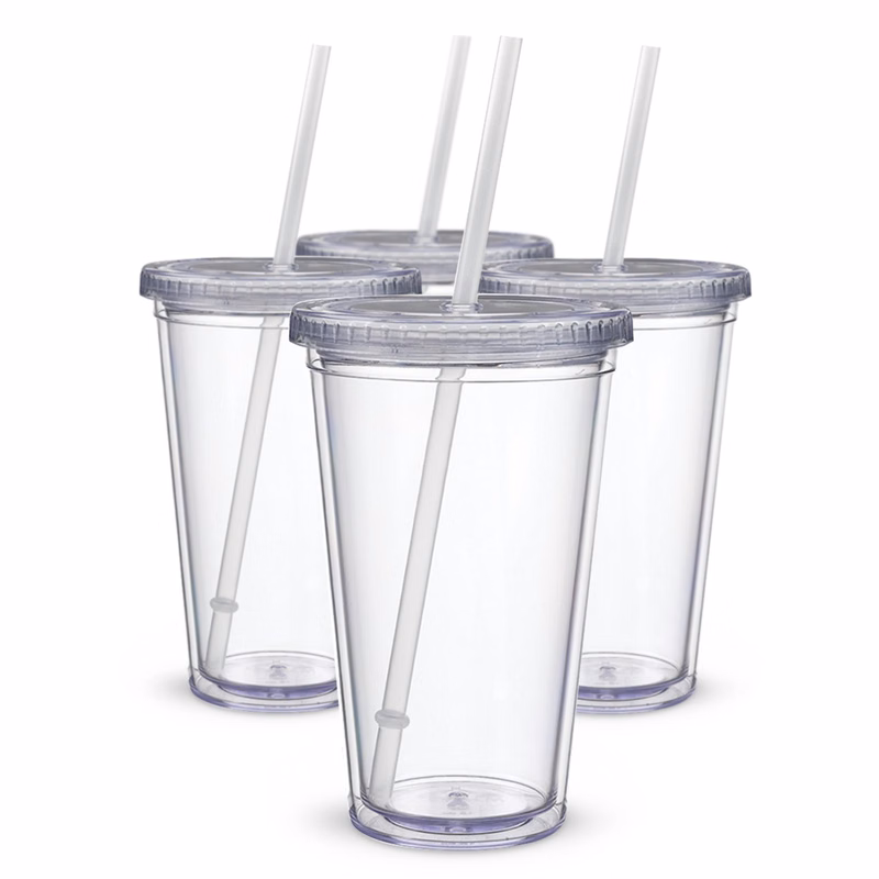 16 Oz. Double Wall Plastic Tumbler w/Straw