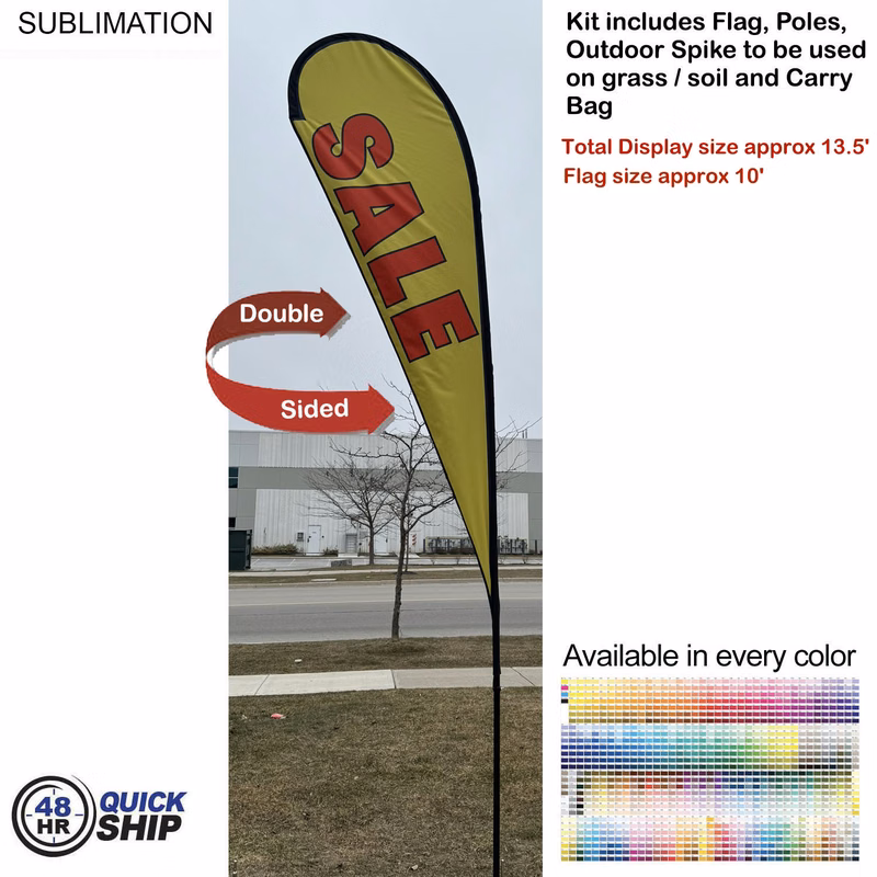 48 Hr Quick Ship - 13.5' Large Tear Drop Flag Kit, Full Color Graphics Double Side, Spike and Bag.