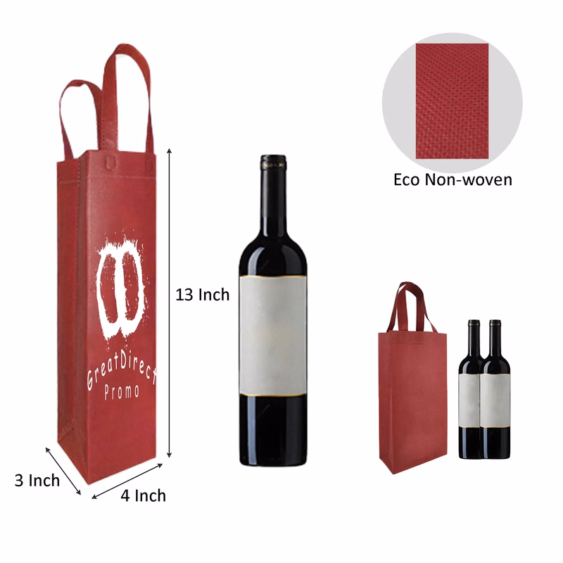 Single Non-woven Red Wine Bottle Tote Bag 4" x 13" x 3"