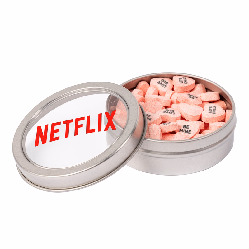 Small Top View Tin - Imprinted Conversation Hearts