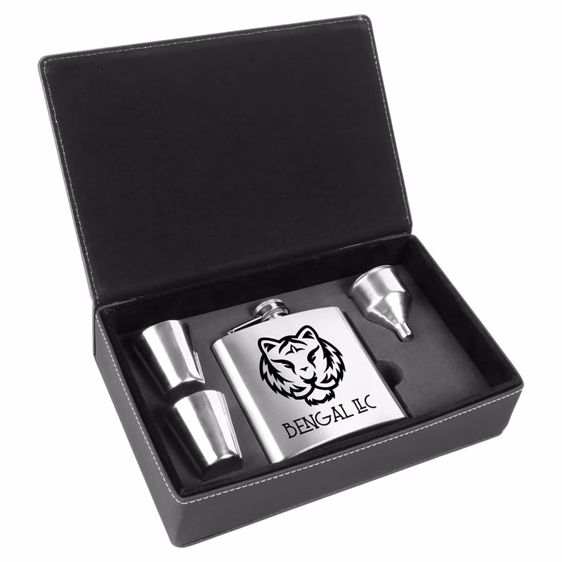 6 oz. Stainless Steel Flask Set in Black/Silver Leatherette Box