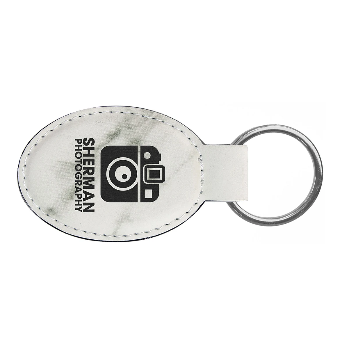 3" x 1 3/4" White Marble Leatherette Oval Keychain 1
