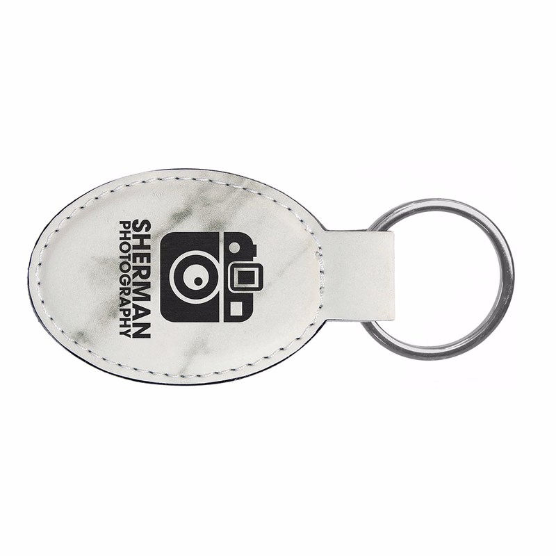 3" x 1 3/4" White Marble Leatherette Oval Keychain