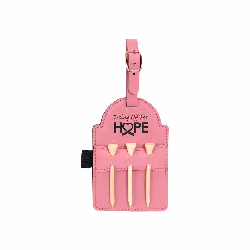 3" x 5" Pink Leatherette Golf Bag Tag w/ 3 Wooden Tees