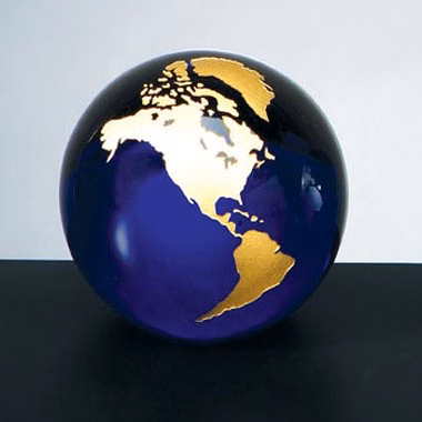 3" Diameter Cobalt Blue Molten Glass World Globe with Silver Continental Paperweight with flat Bot