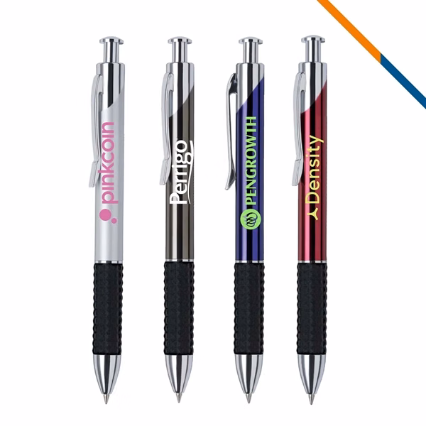 Custom 5.5 Inch Rubber Click Action Ballpoint — Chrome Accent Office Giveaway Pen