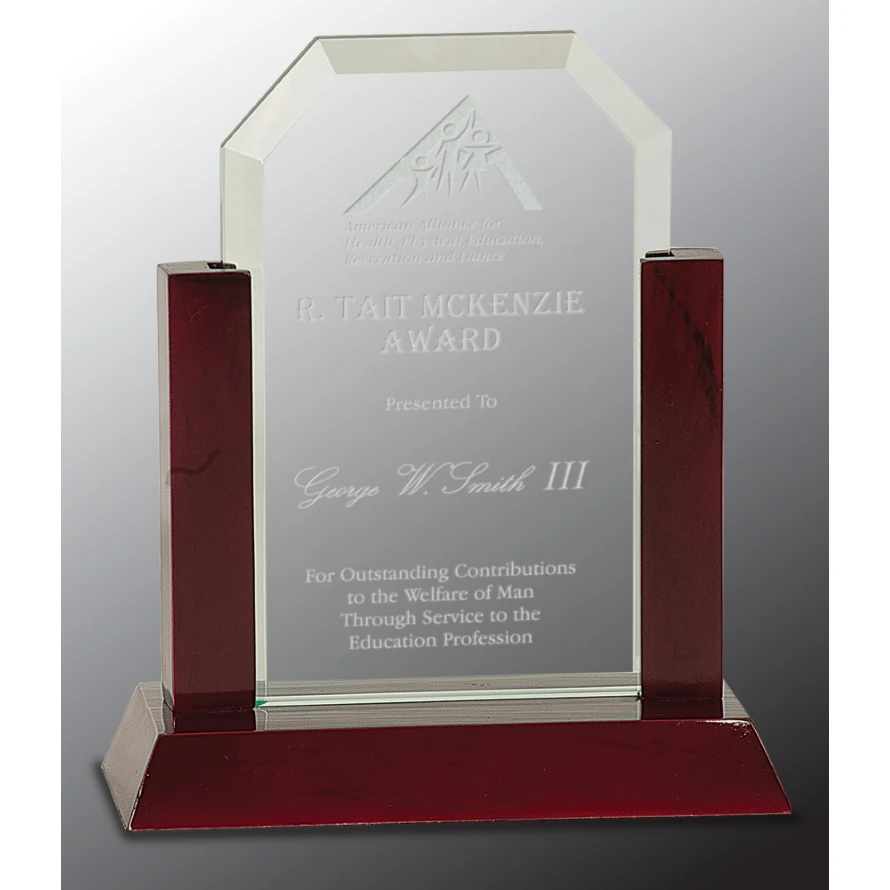 7" Jade Clip Corner Glass Award with Rosewood Piano Finish Base 1