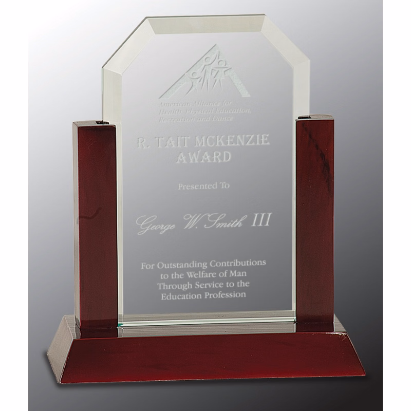 7" Jade Clip Corner Glass Award with Rosewood Piano Finish Base