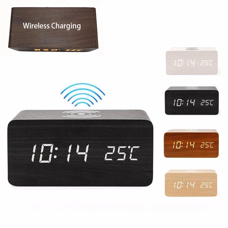 Wireless Charging Wood LED Clock