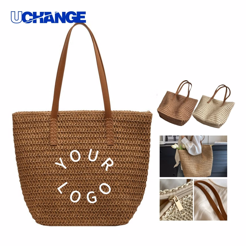 Straw Woven Tote Bag Carrier with PU Handle