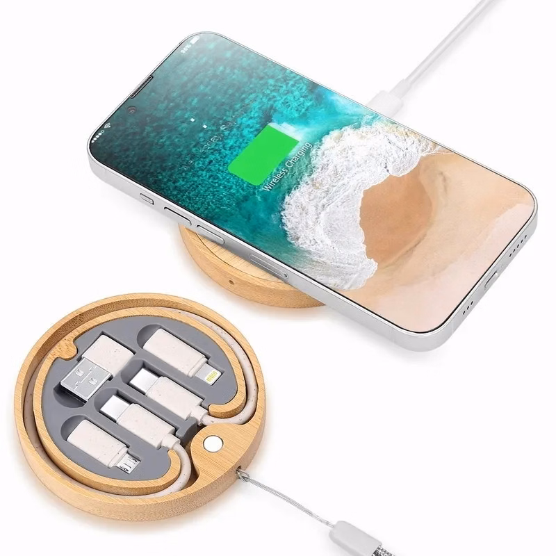 Round Bamboo Multi-Charging cable set Wireless Charger