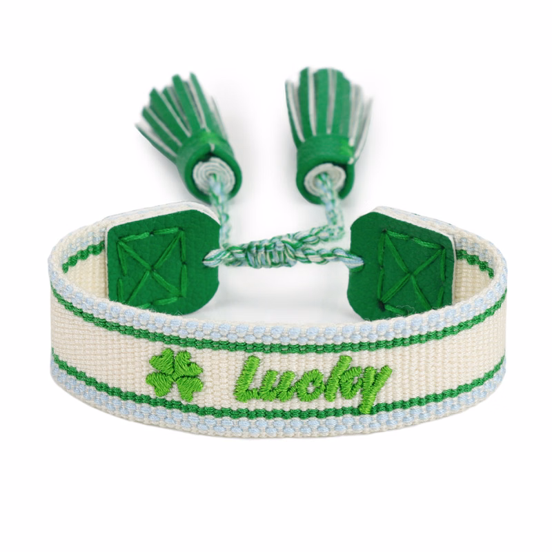 Embroidered Woven Bracelet With Leather Locking