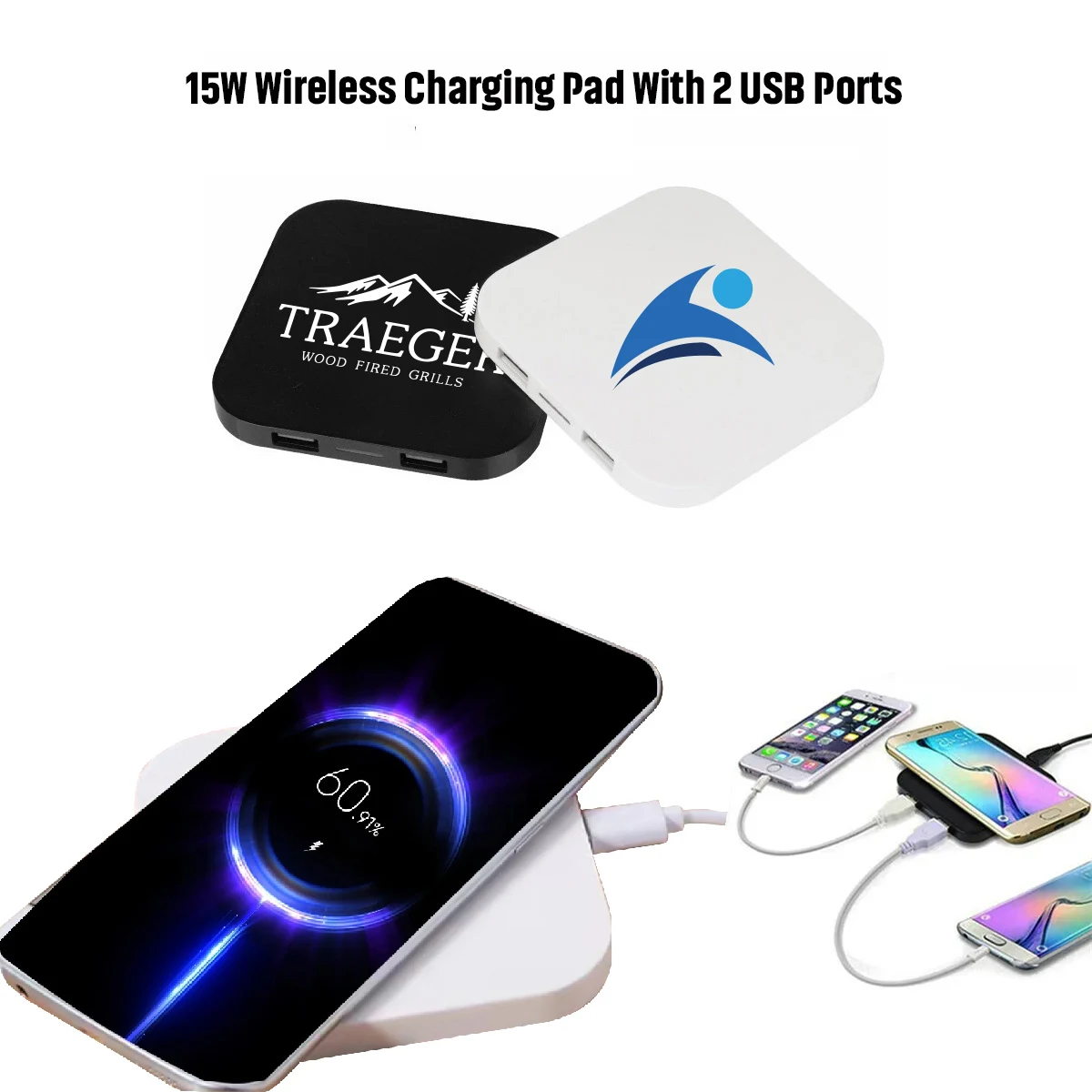 15W Wireless Charging Pad For Cell Phones With 2 USB Charging Ports 1