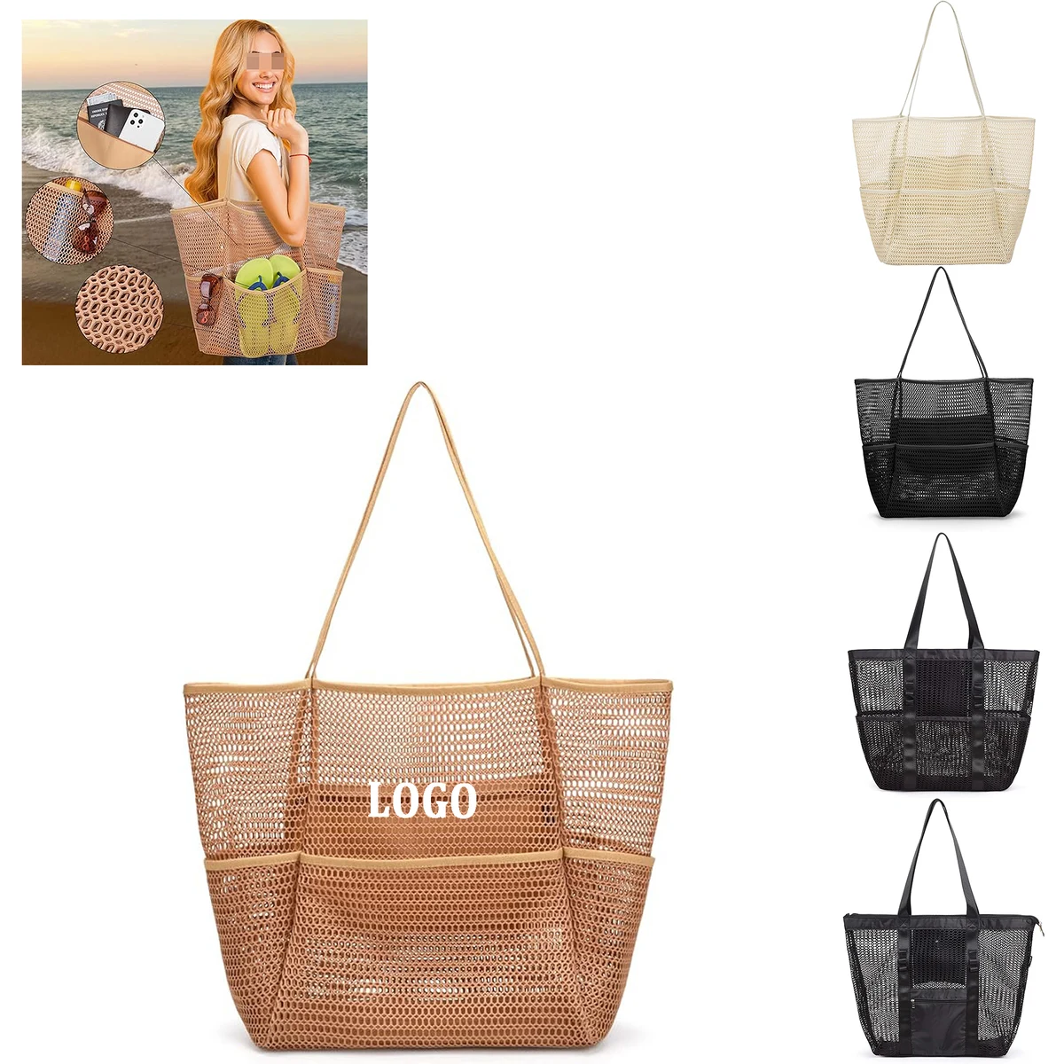 Mesh Beach Tote Bag for Women, custom tote bag with logo imprint 1