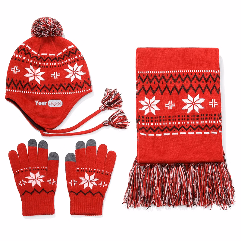 Acrylic Snowflake Knitted Christmas Hat Three Piece Set