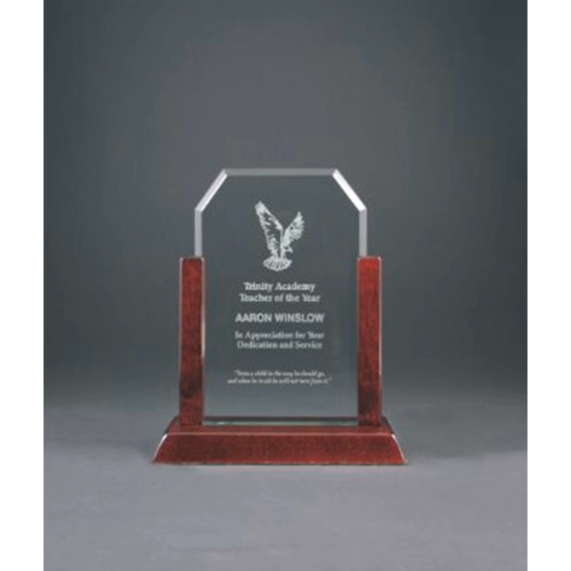 8" Jade Clip Corner Glass Award w/Rosewood Piano Finish Base