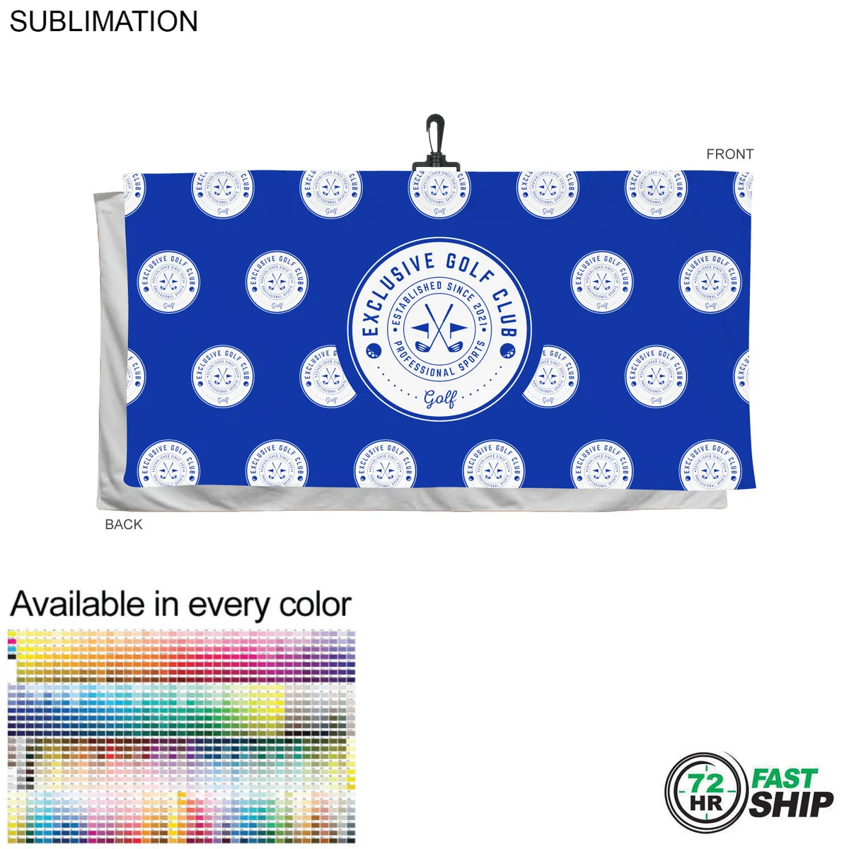 72 Hr Fast Ship - Oversized Golf Towel in Soft Velour Terry, 30x60, with Black Hook, Sublimated 1
