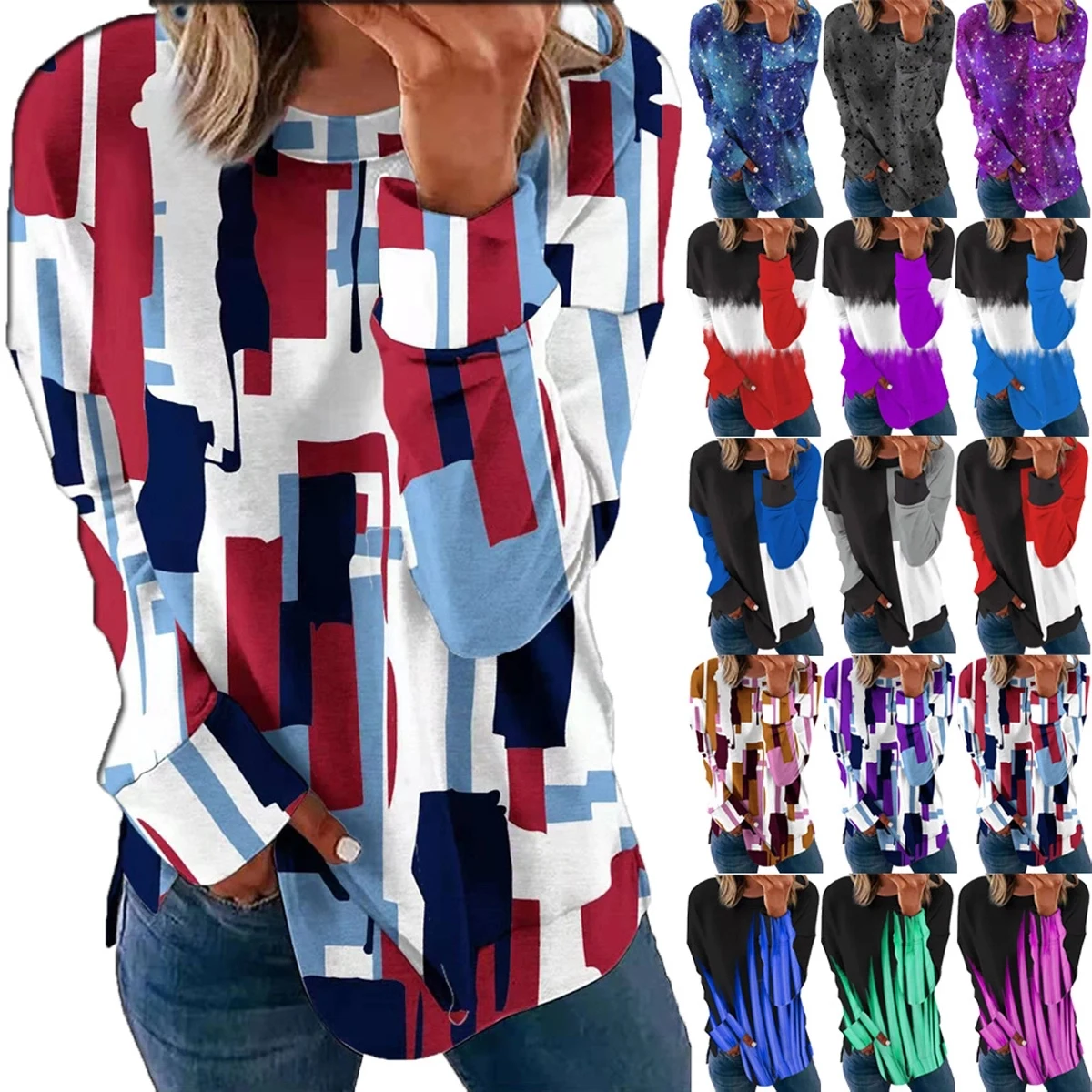Long Sleeve Round Neck Casual Printed Blouses Tops T Shirts 1