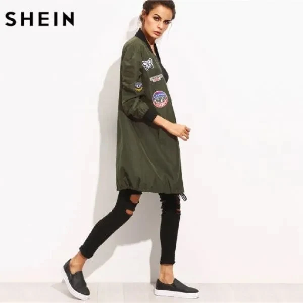 Army Green Mesh Long Casual Jacket with PU Leather Patch 1