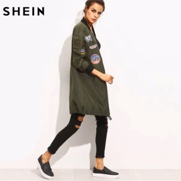 Army Green Mesh Long Casual Jacket with PU Leather Patch