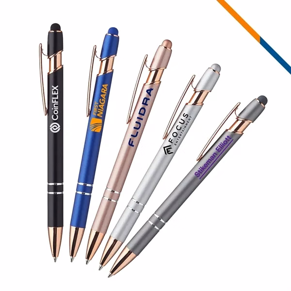 Custom 5.75" Metal Stylus Ballpoint Pen with Rose Gold Trim — Tech Professional Giveaway