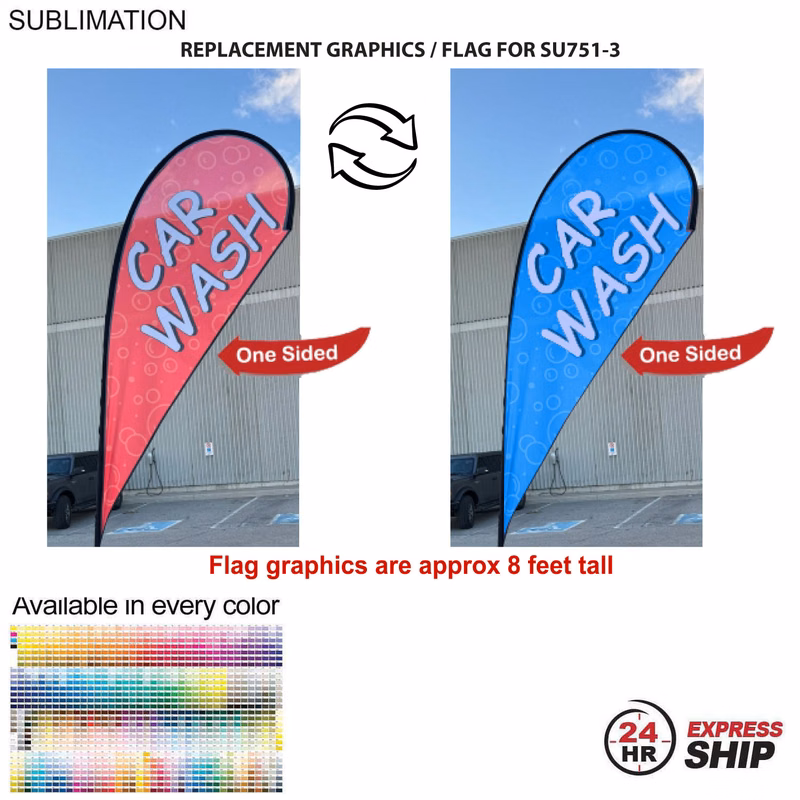 24Hr Express Ship - Replacement Flag for 12' Medium Tear Drop Flag Kit, Full Color Graphics One Side