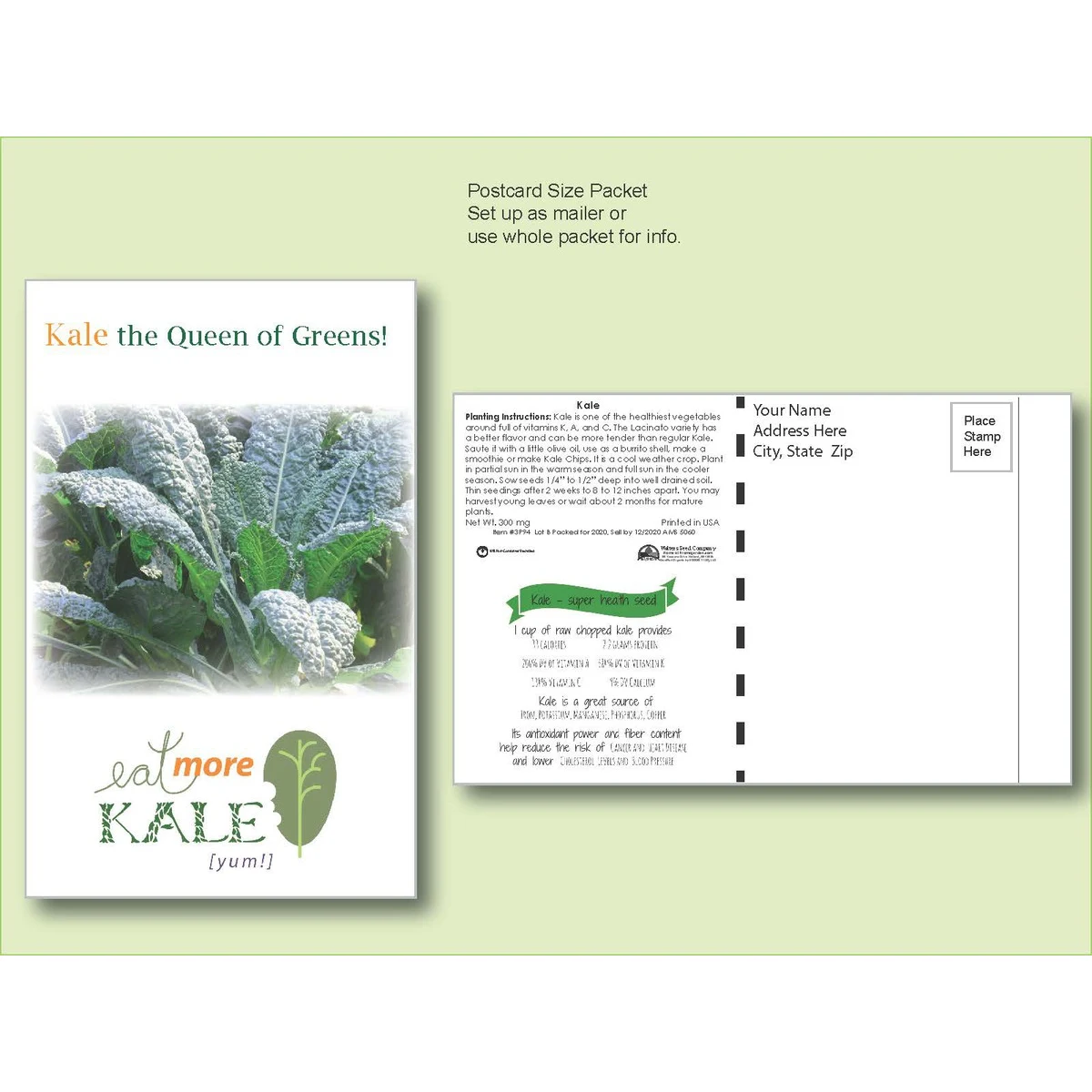 Kale Seed Packet - Postcard Mailer Size 4" x 6.5" 1