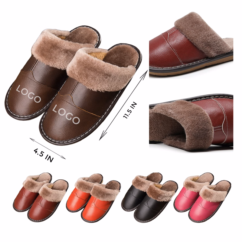 MOQ 10 PCS Cozy Winter Genuine Leather Warm Slippers