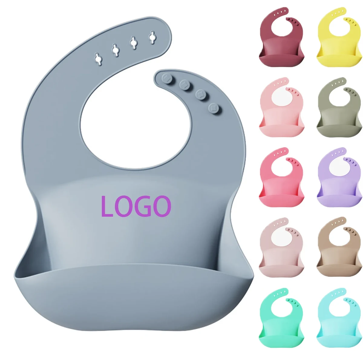 MOQ 50 Silicone Baby Bib Adjustable Deep Pocket Feeding 1