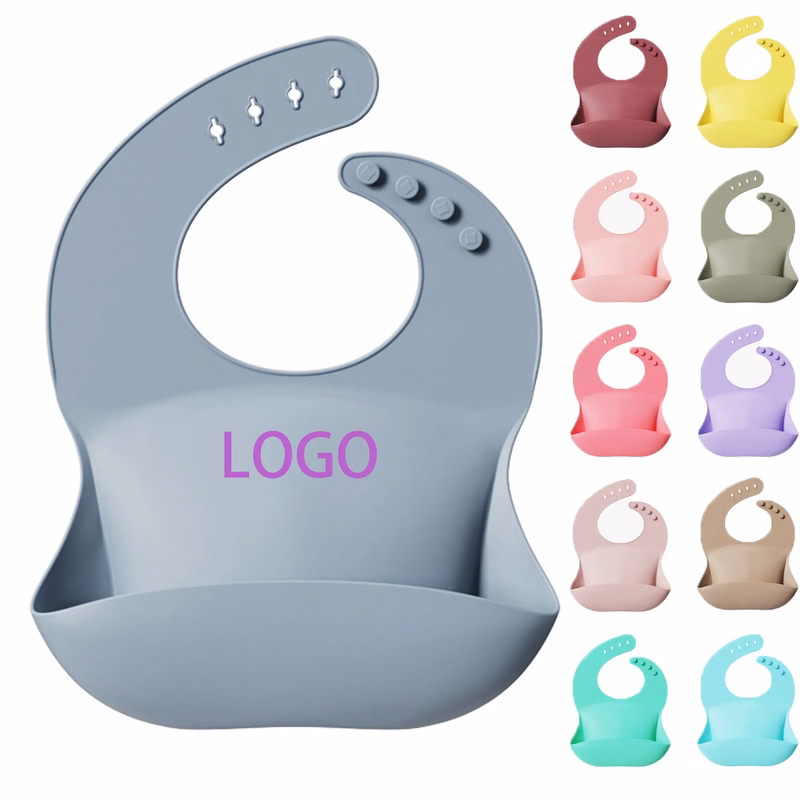 MOQ 50 Silicone Baby Bib Adjustable Deep Pocket Feeding