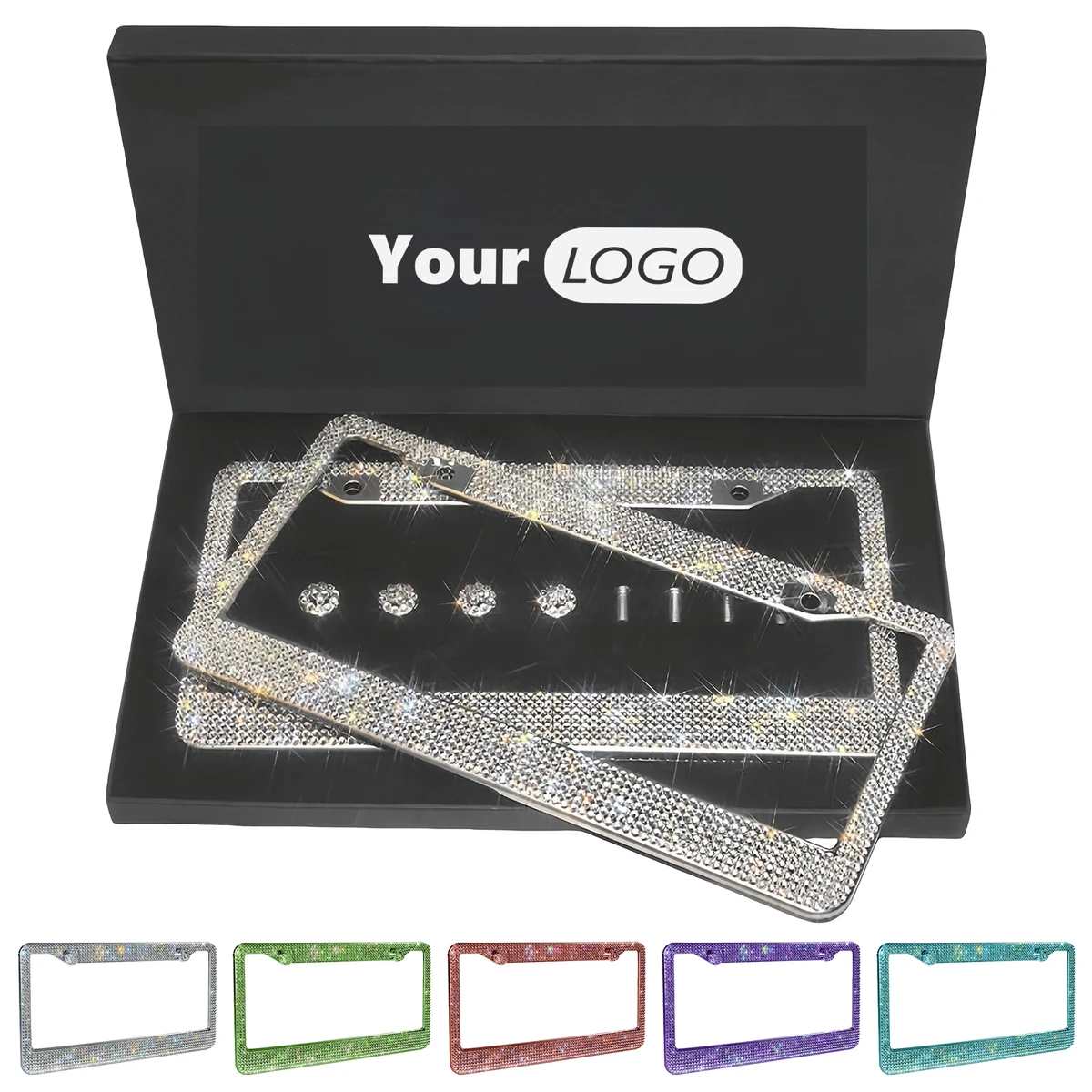 Stainless Steel Sparkling Rhinestone License Plate Frame Set 1