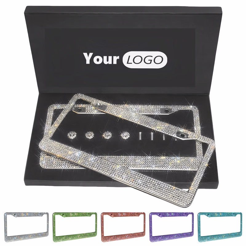 Stainless Steel Sparkling Rhinestone License Plate Frame Set