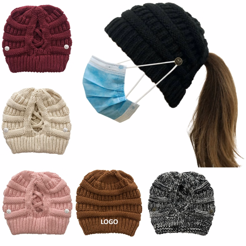 Knitted Ponytail Beanie With Mask Button