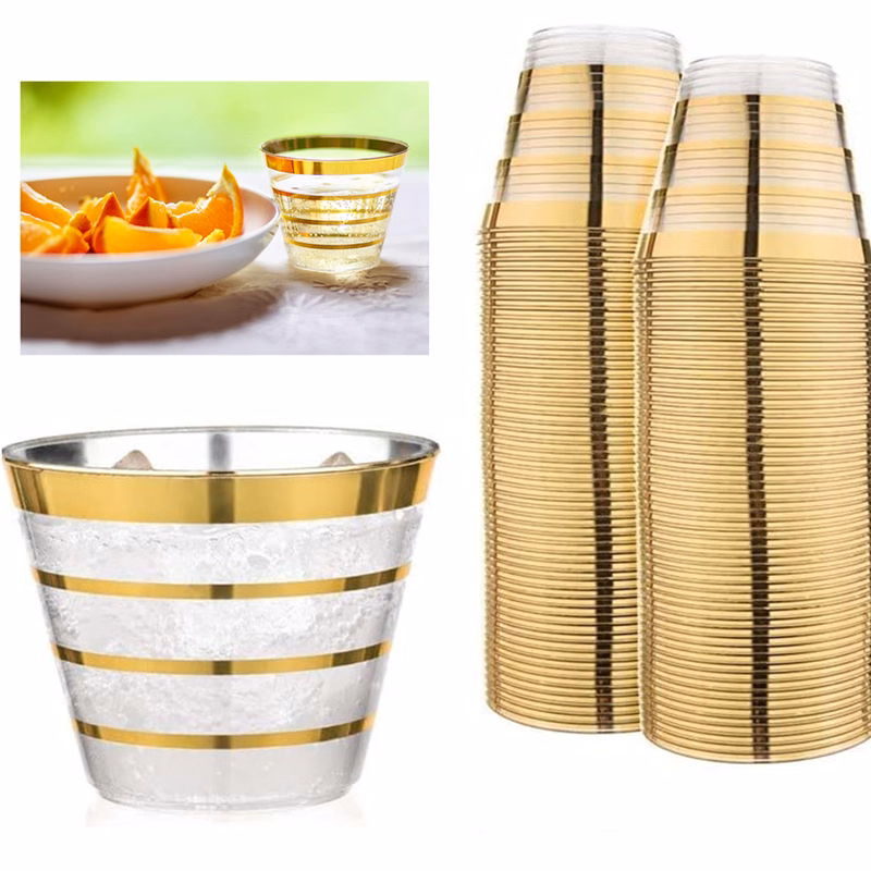 9 Ounce 4 Ring Gold Rimmed Clear Plastic Cups