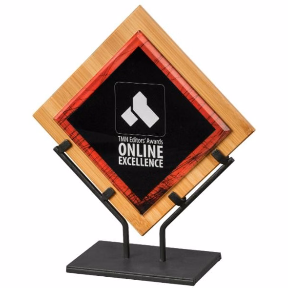 10-1/2" Red Diamond Shaped Bamboo and Acrylic Art with Stand